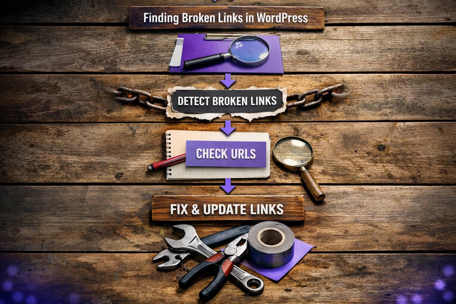 WordPress broken link workflow with magnifying glass and tools