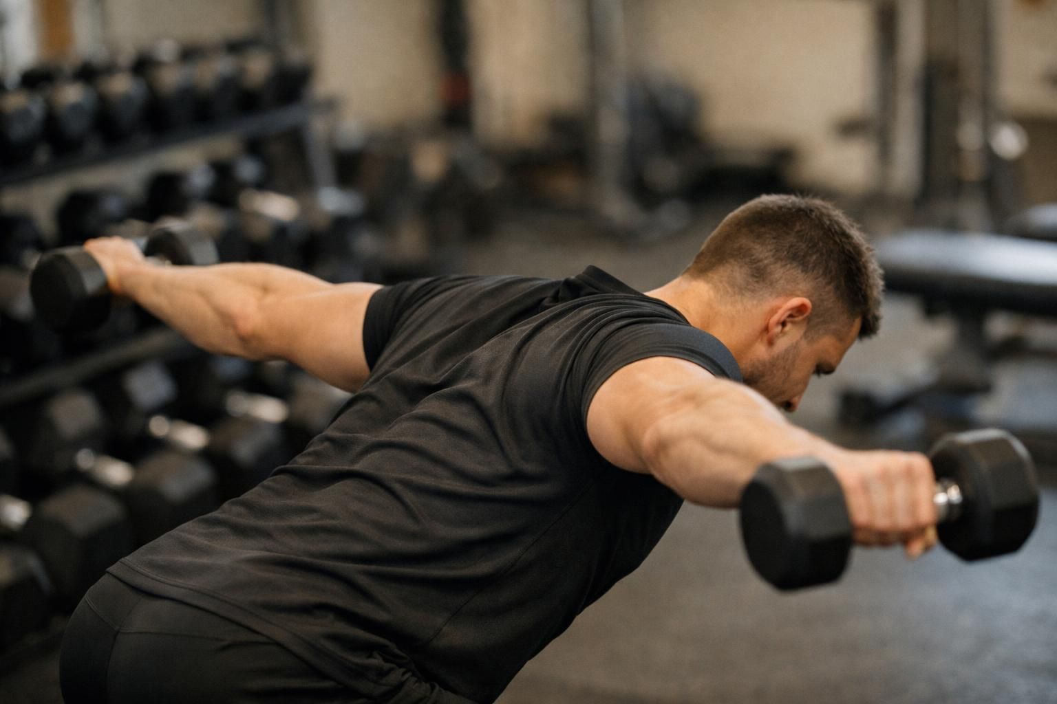 Man doing bent over dumbbell reverse fly in gym