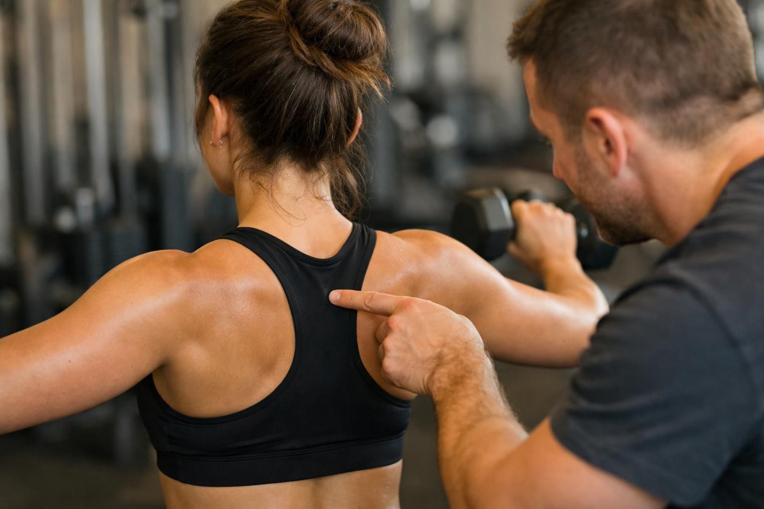 Trainer pointing at woman’s back during dumbbell exercise