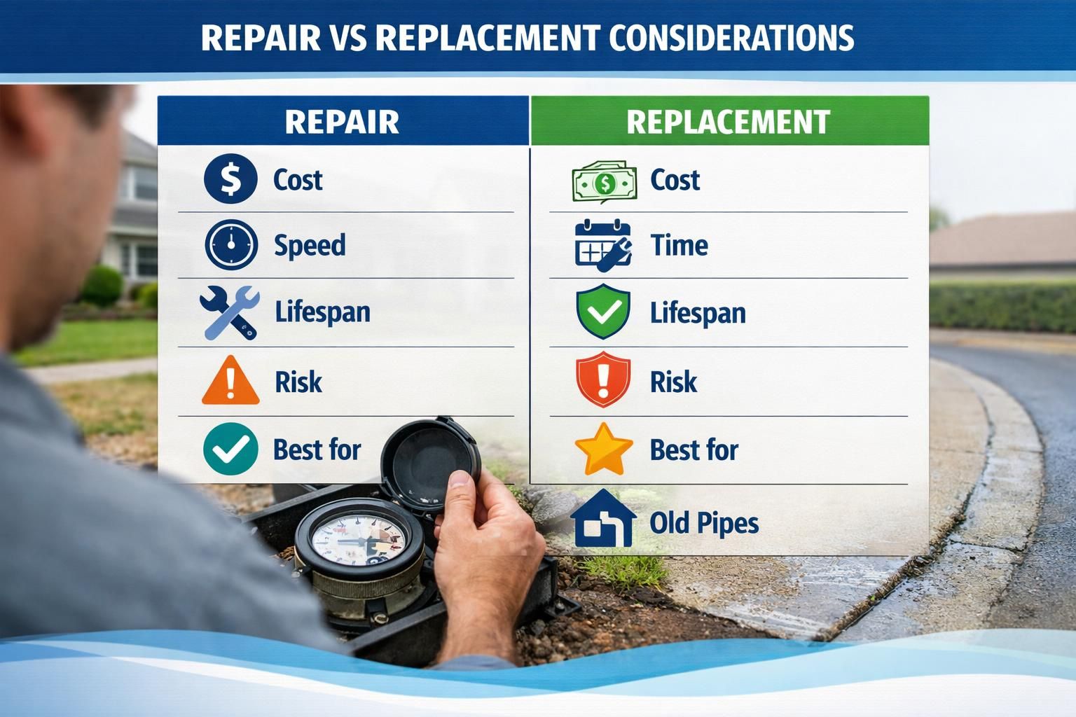 Repair versus replacement chart over worker inspecting water meter