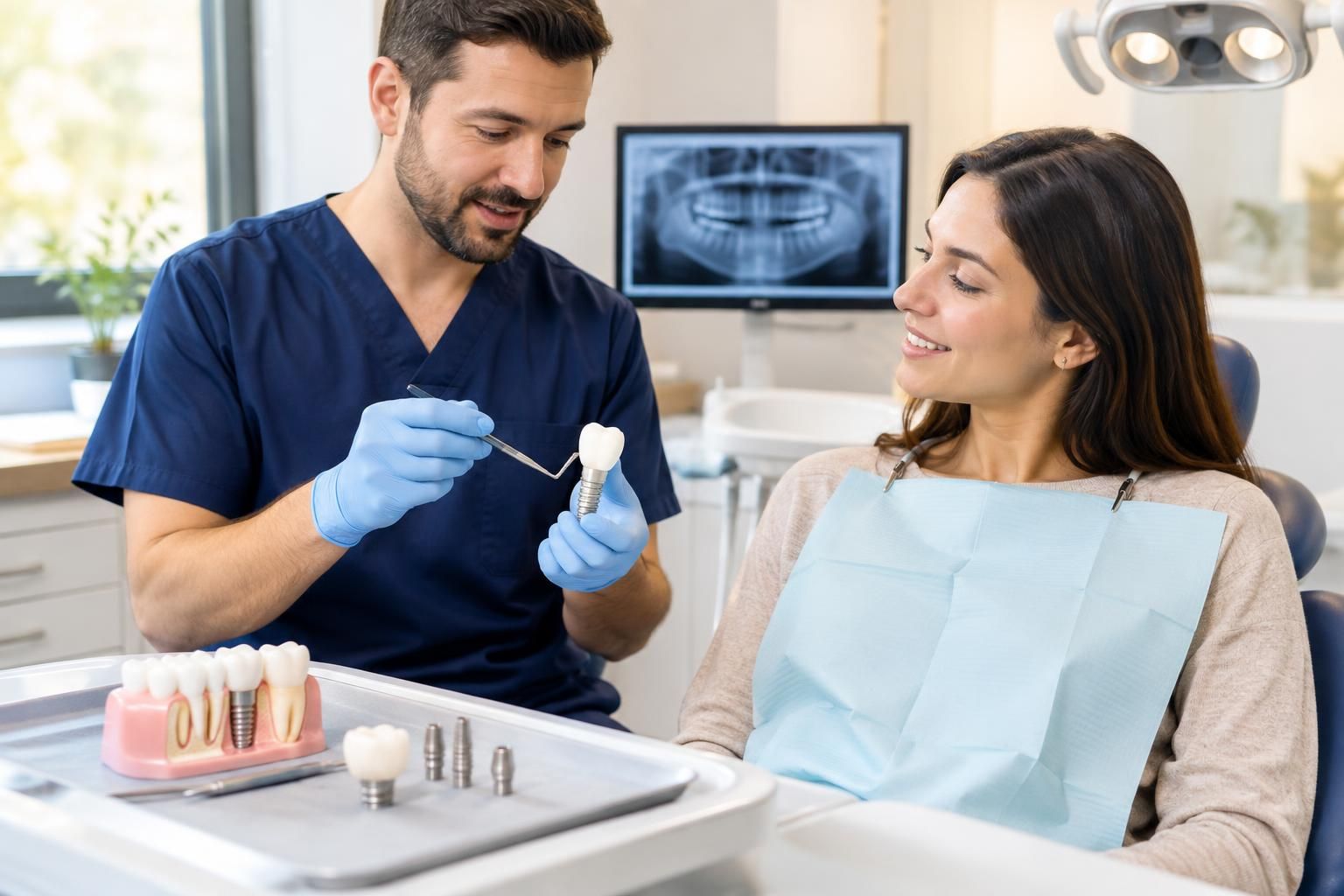 Dentist showing a dental implant model to a patient