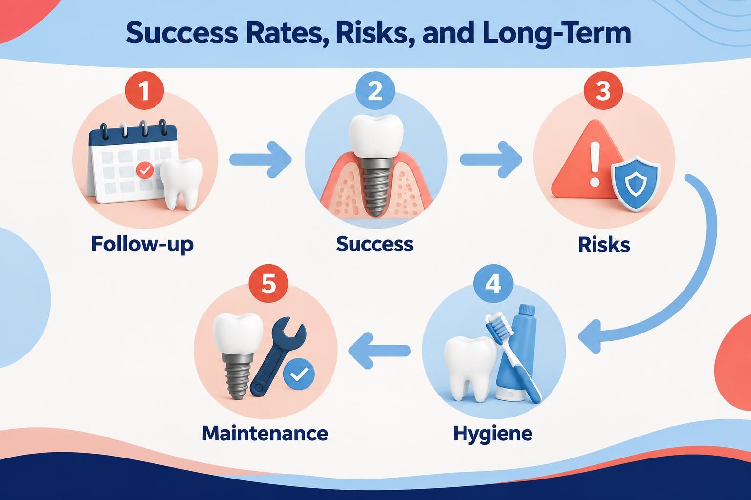 Dental implant infographic showing follow-up, success, risks, hygiene, and maintenance