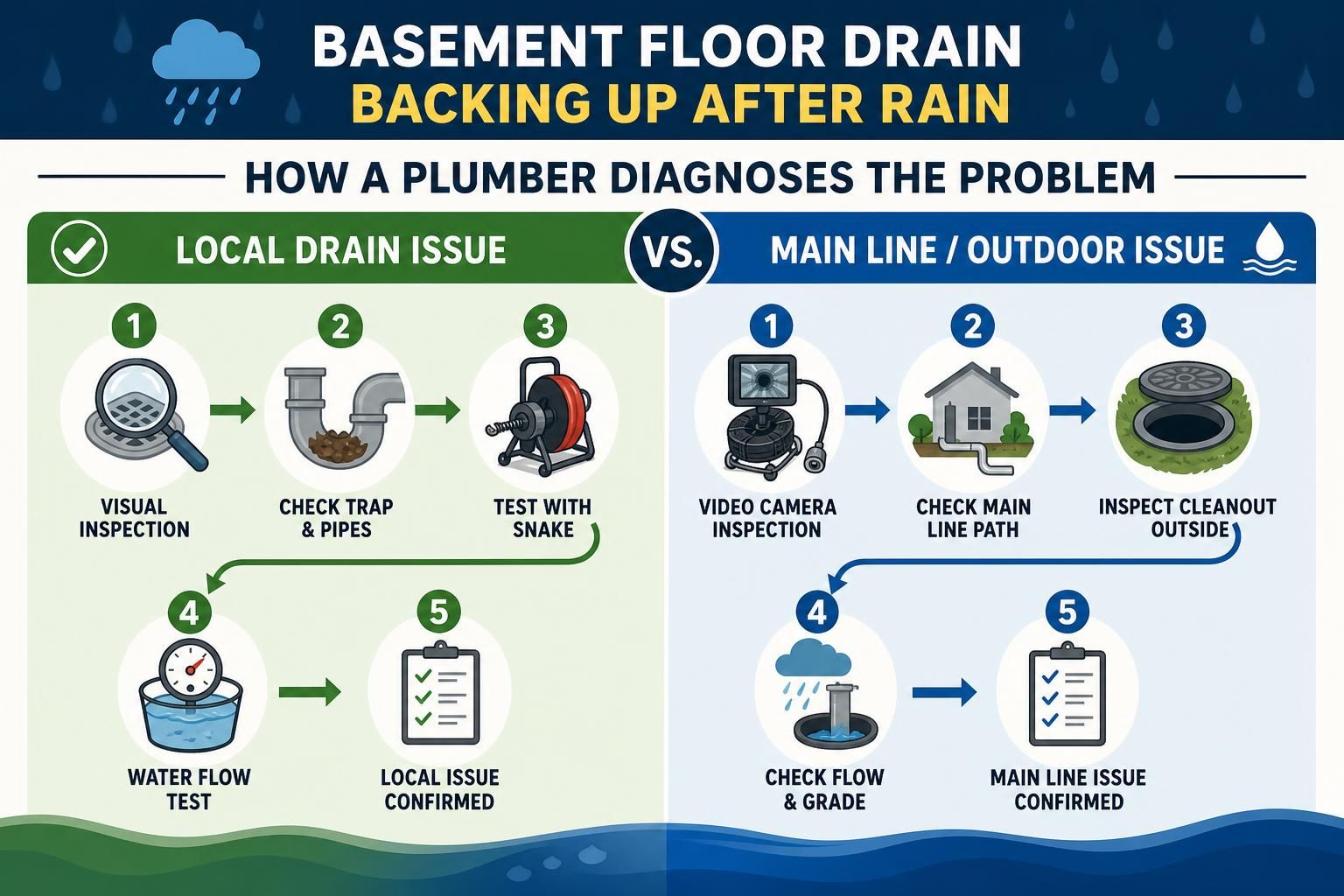 Infographic compares drain inspection, snake test, camera, and cleanout checks