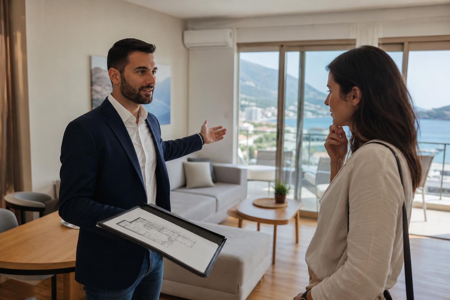 Agent pokazuje plan stana ženi u apartmanu s pogledom na more