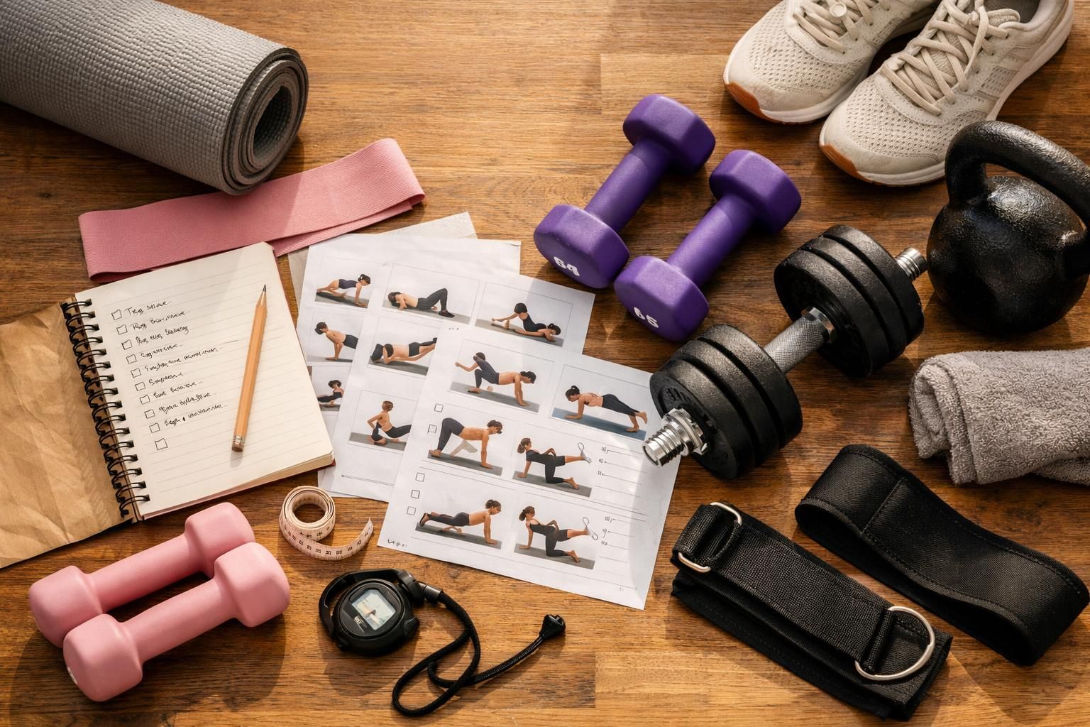 Workout gear with dumbbells, kettlebell, shoes, exercise plan