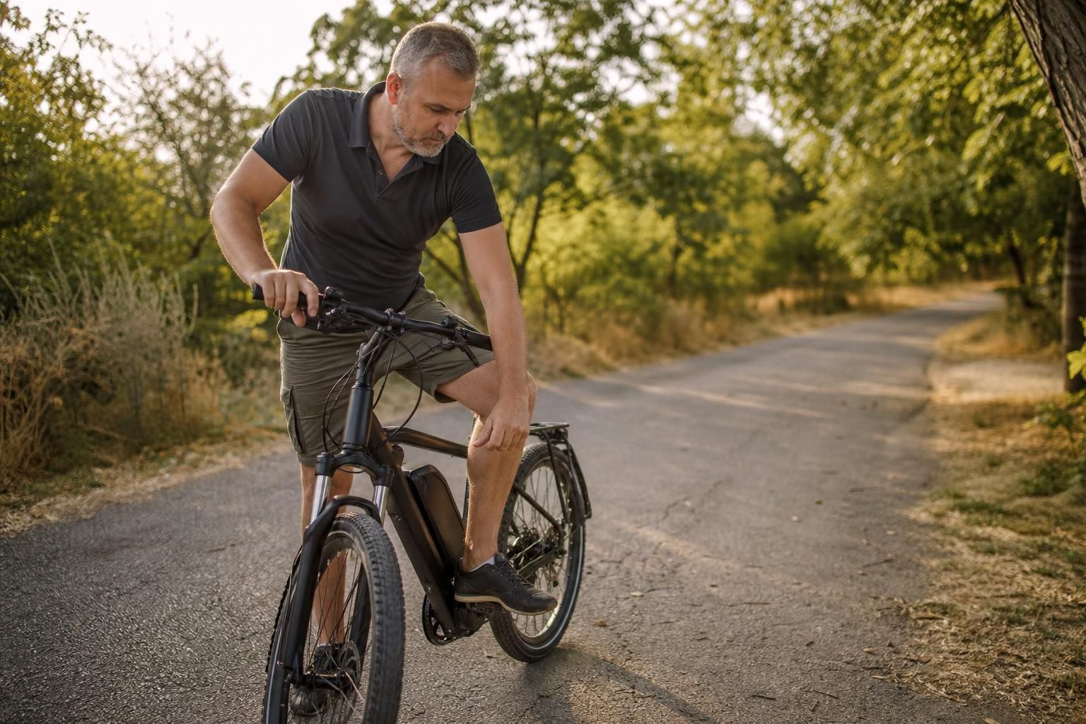 Muškarac vozi električni bicikl po asfaltnoj stazi kroz drveće