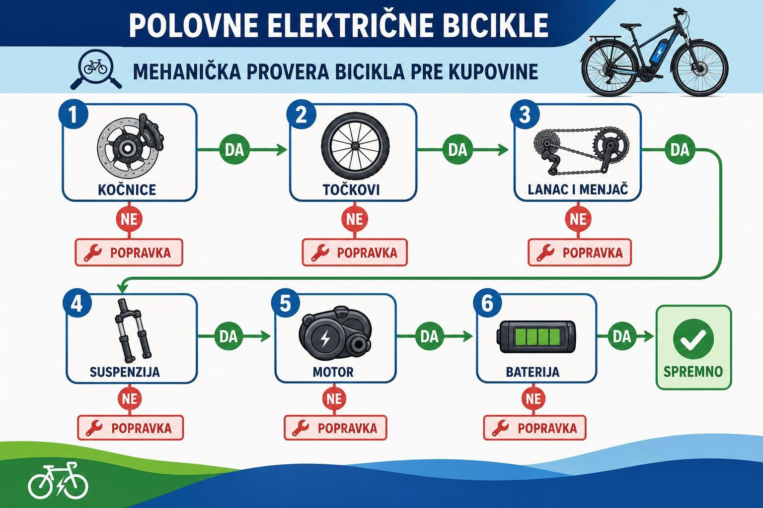 Dijagram provere kočnica, točkova, lanca, motora i baterije