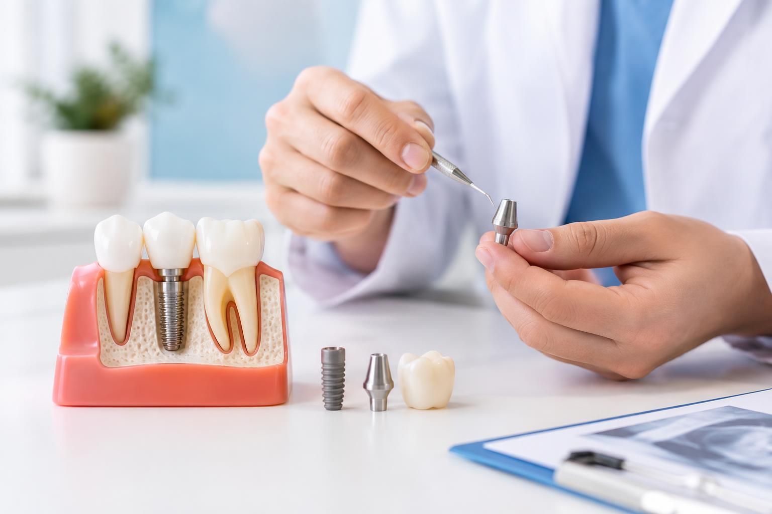 Dentist holds an implant abutment beside a tooth model