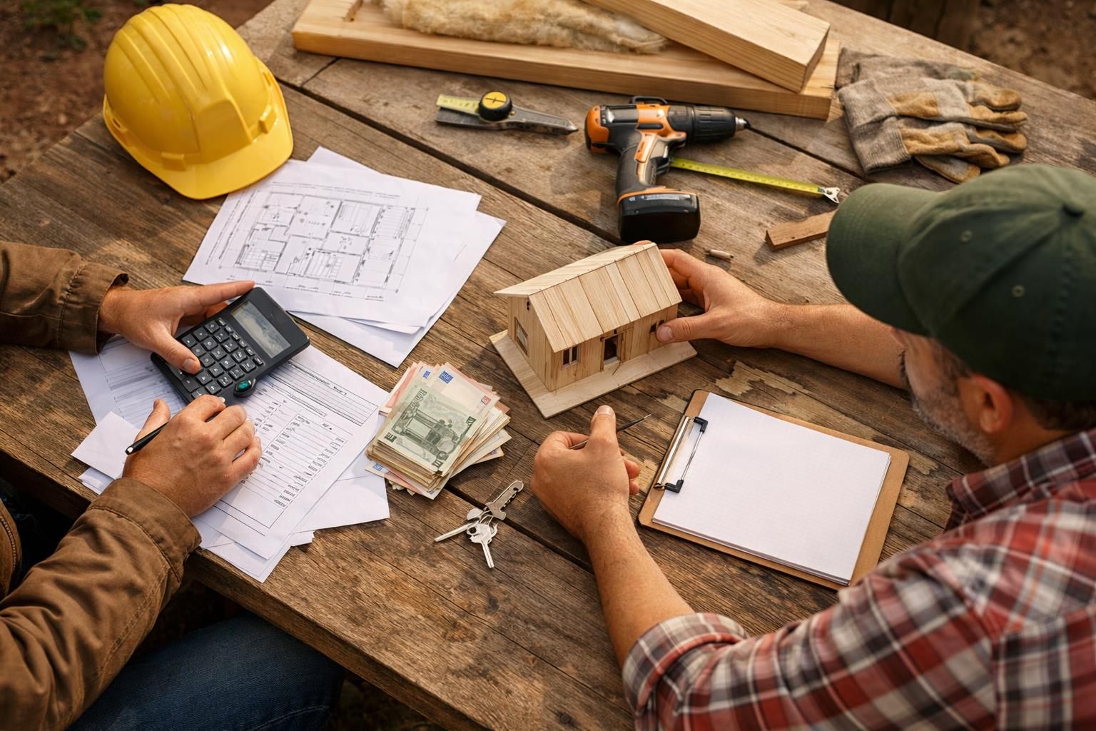 Builders review blueprints with calculator and wooden house model