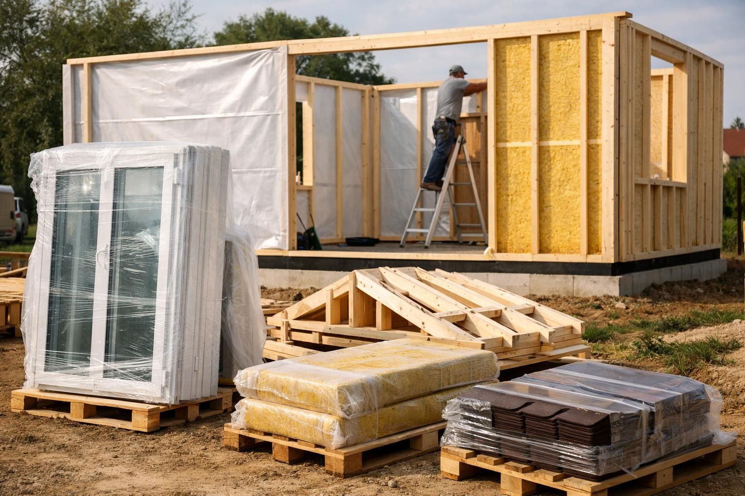 Worker on ladder framing house with insulation and windows