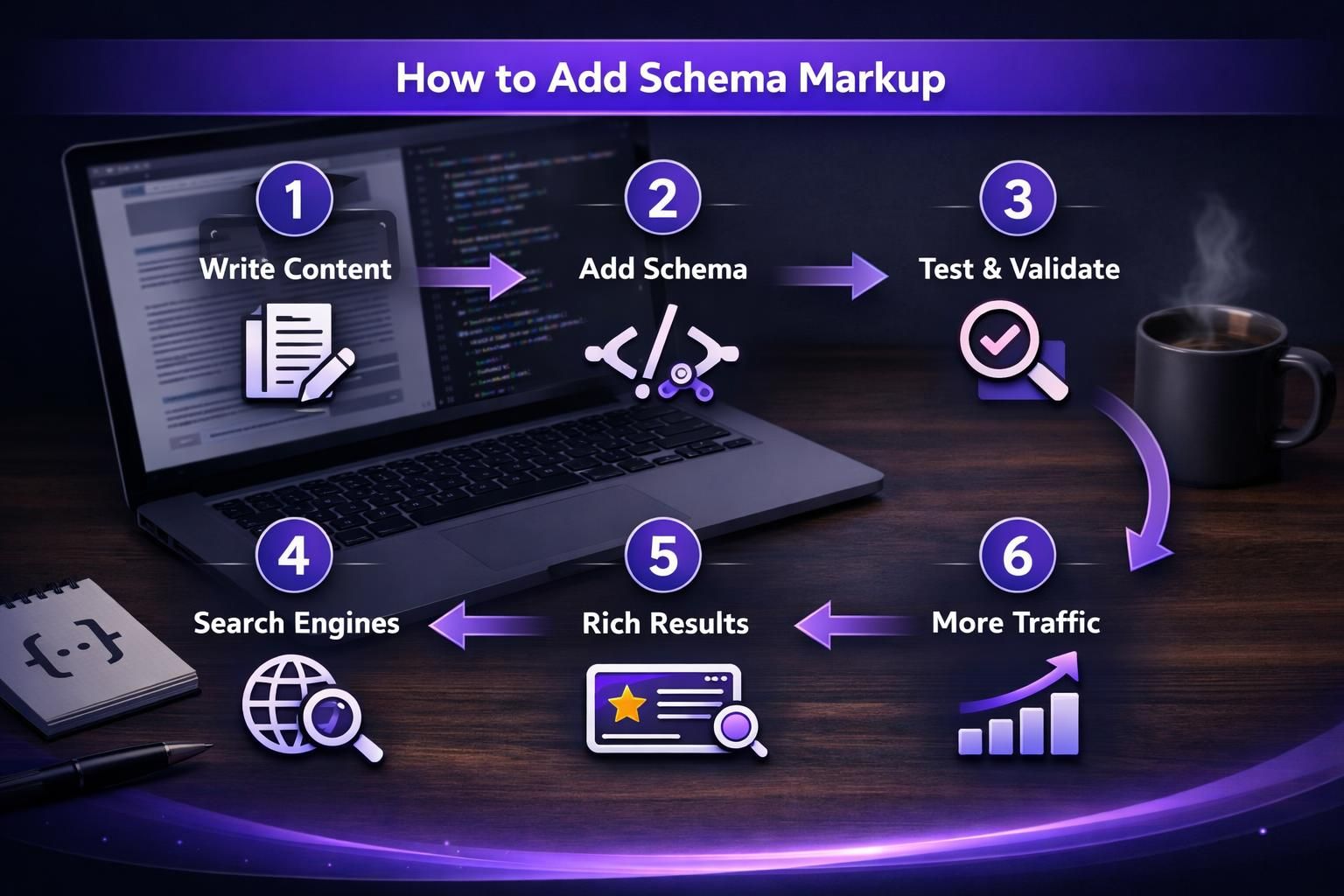 Infographic showing six steps to add schema markup
