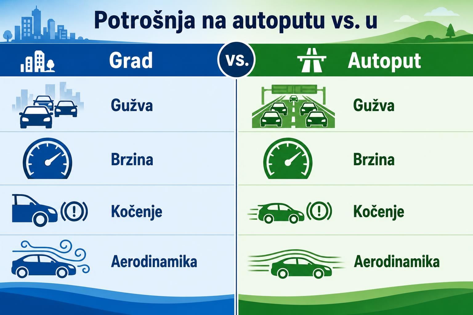 Infografik poredi grad i autoput kroz gužvu, brzinu, kočenje i aerodinamiku