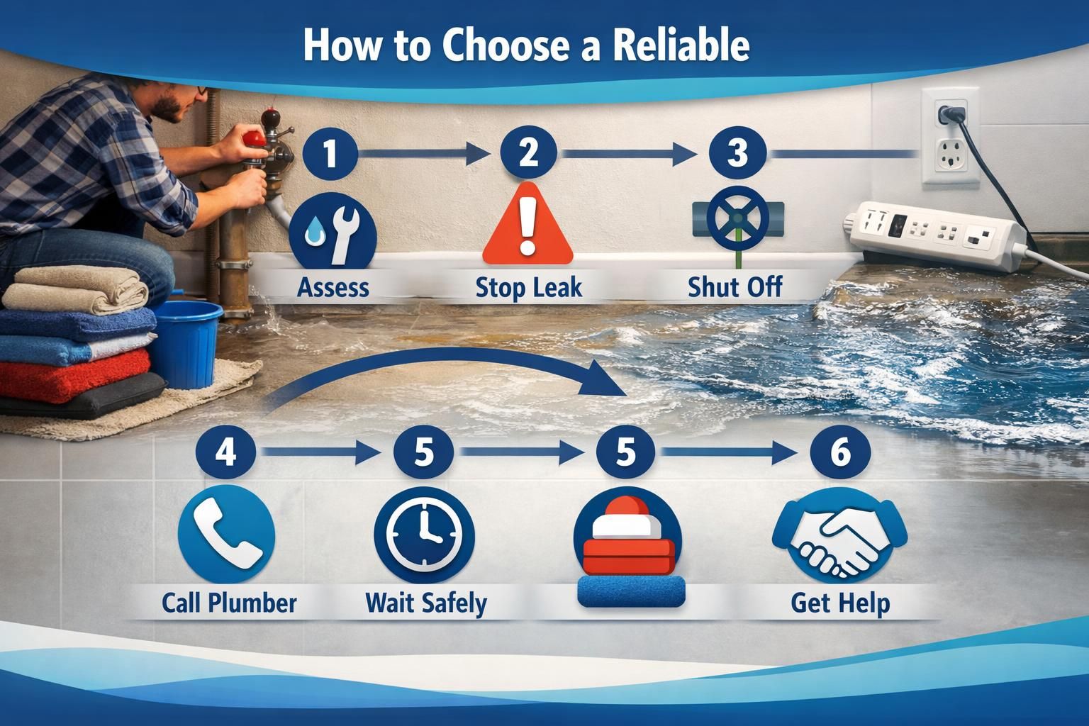 Man turning valve as water floods floor, safety steps infographic