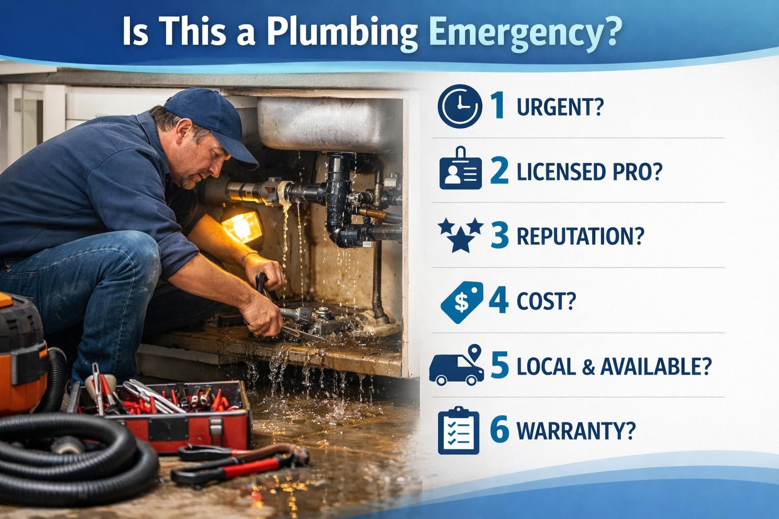 Plumber fixing leaking sink pipes with emergency checklist graphic