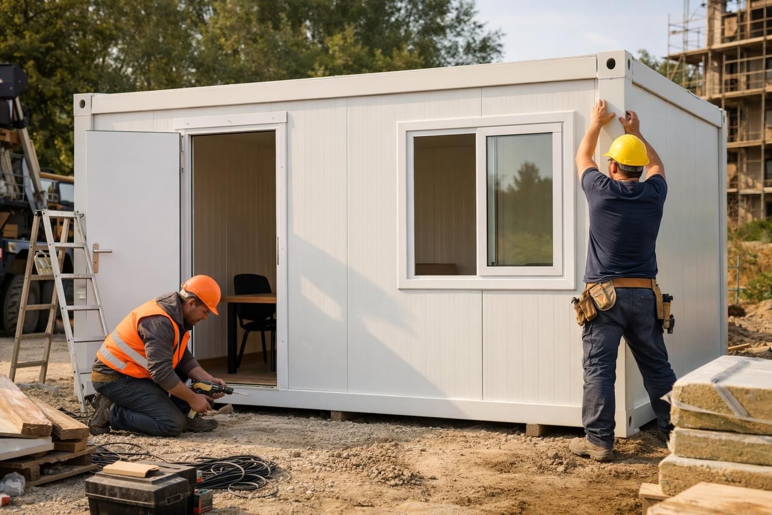 Two construction workers assembling white portable office cabin