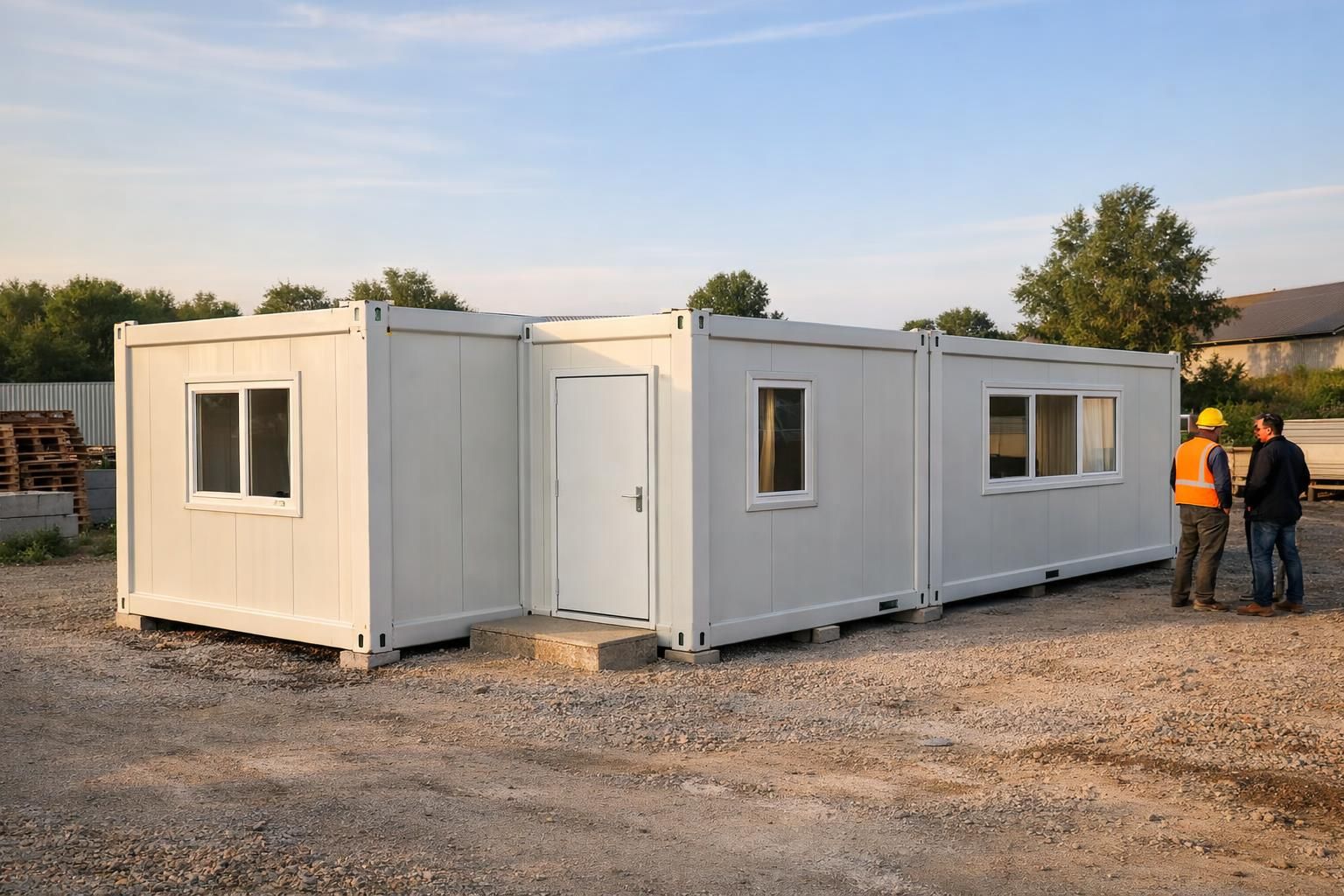 White modular container office with windows and two workers