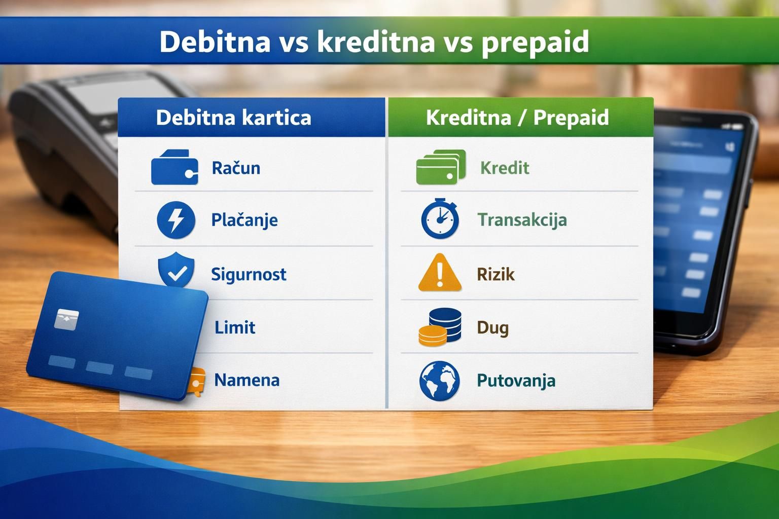 Debit and credit prepaid comparison chart with blue card