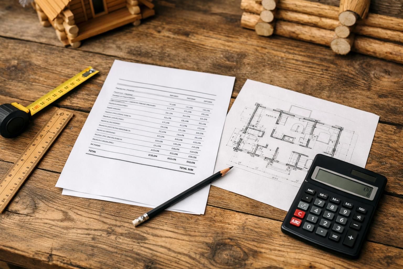 Construction cost sheet and floor plan with calculator