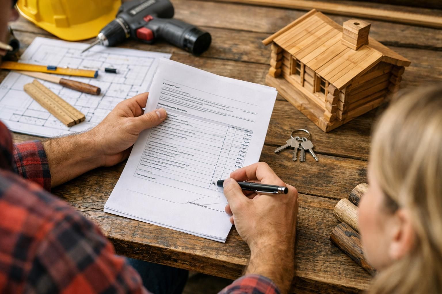 Hands signing contract beside wooden house model and keys