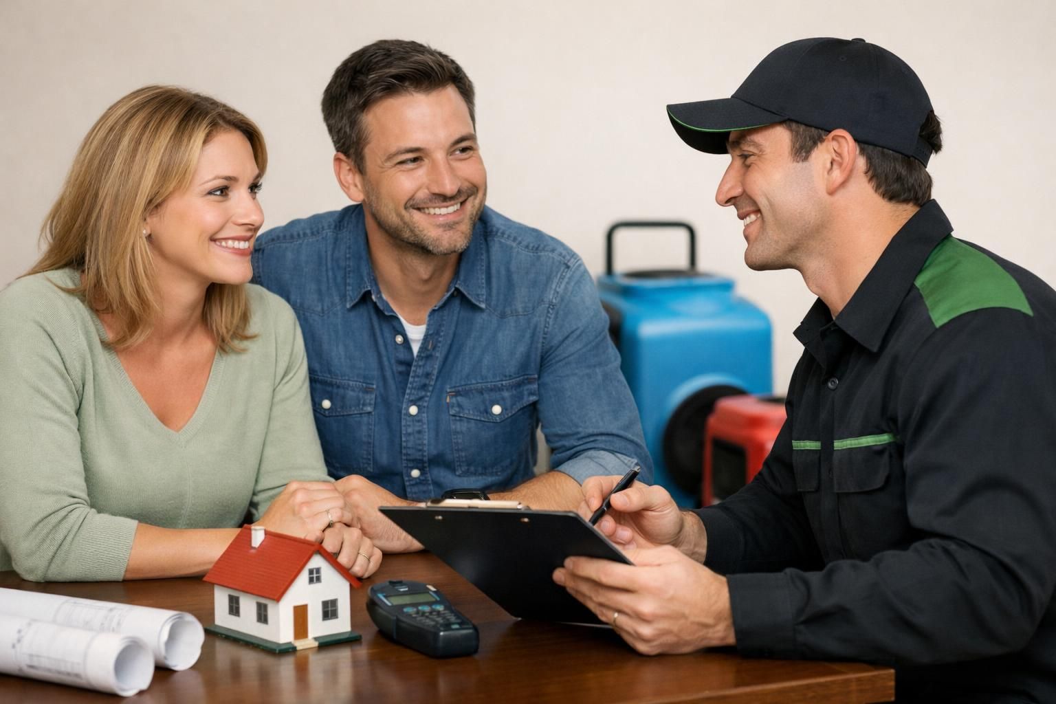 Smiling couple meeting technician with clipboard at table