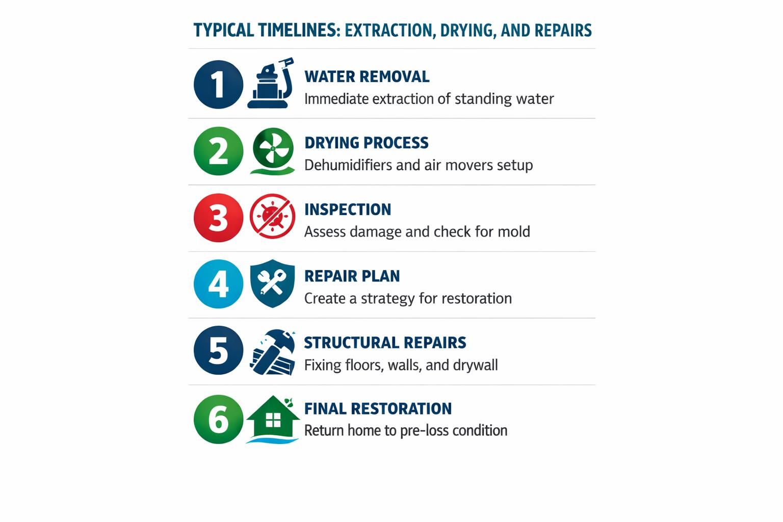 Six-step infographic on water removal, drying, inspection, repairs