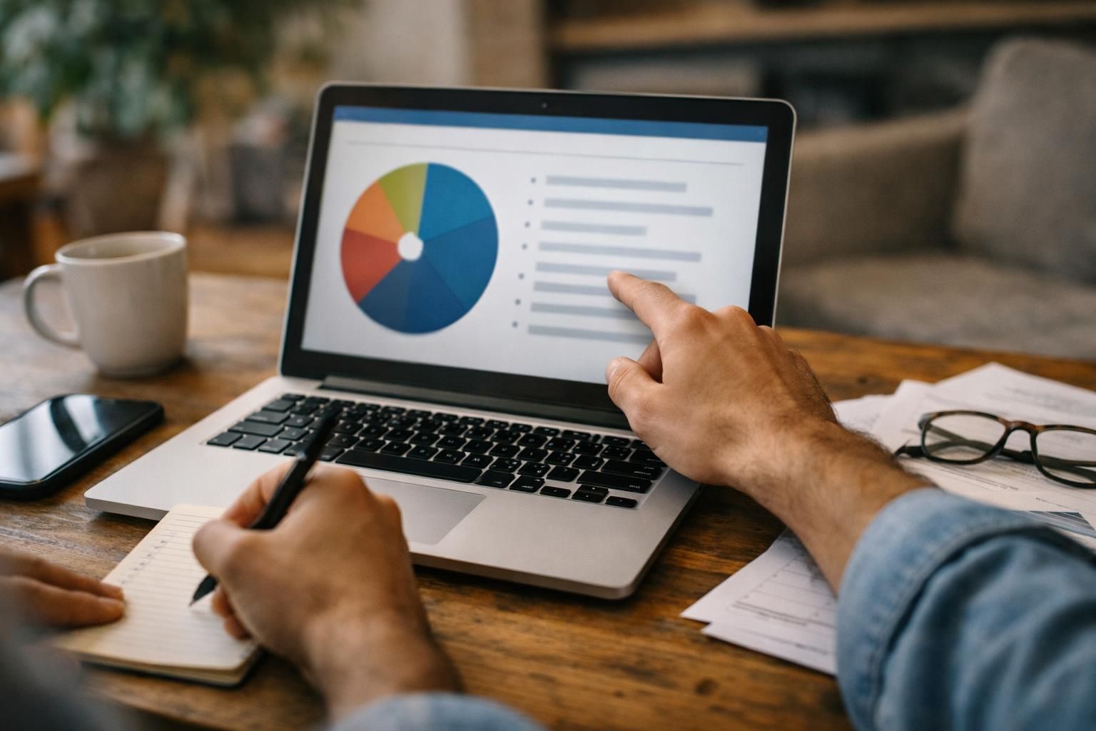 Hand pointing at laptop pie chart while taking notes