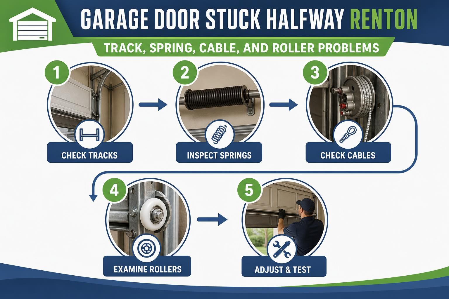 Infographic shows garage door tracks, spring, cables, rollers, and technician