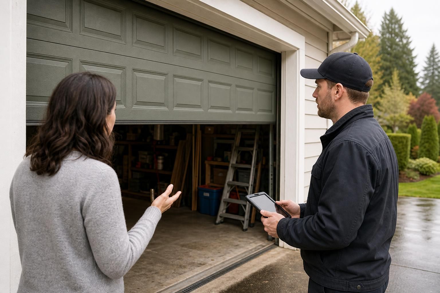 Technician holding tablet beside half-open garage door and homeowner