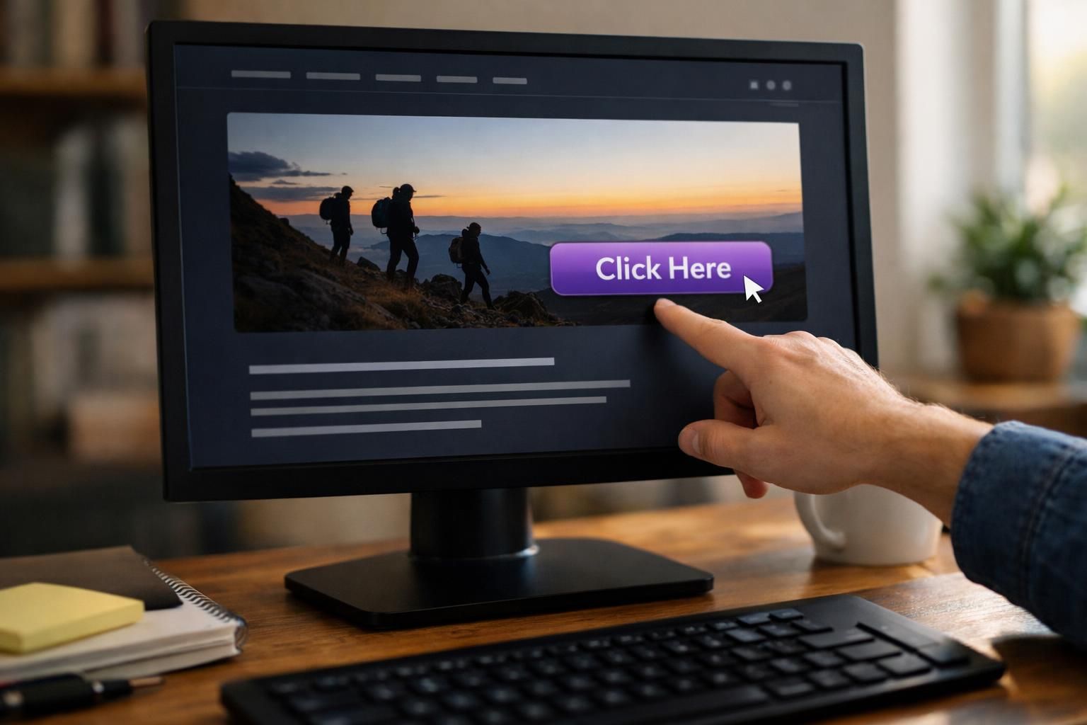 Hand pointing at purple Click Here button on monitor