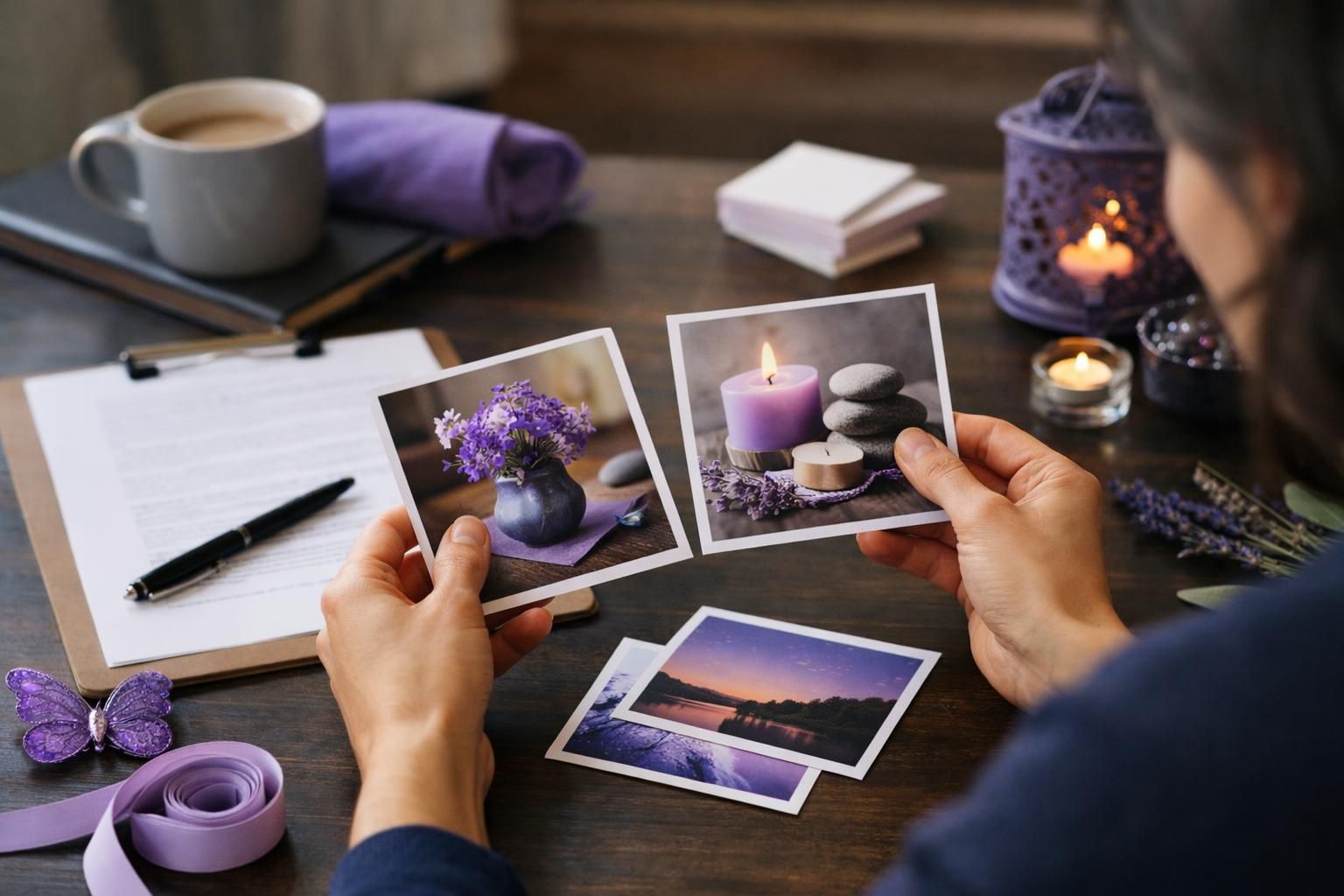 Hands holding lavender photos beside candles and notebook