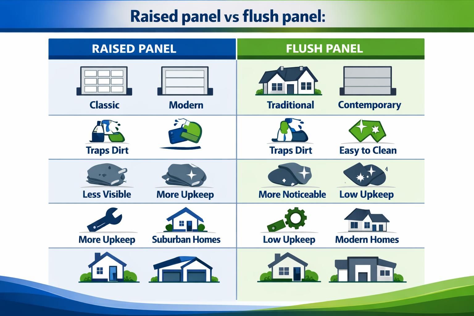 Infographic comparing raised panel and flush panel garage doors