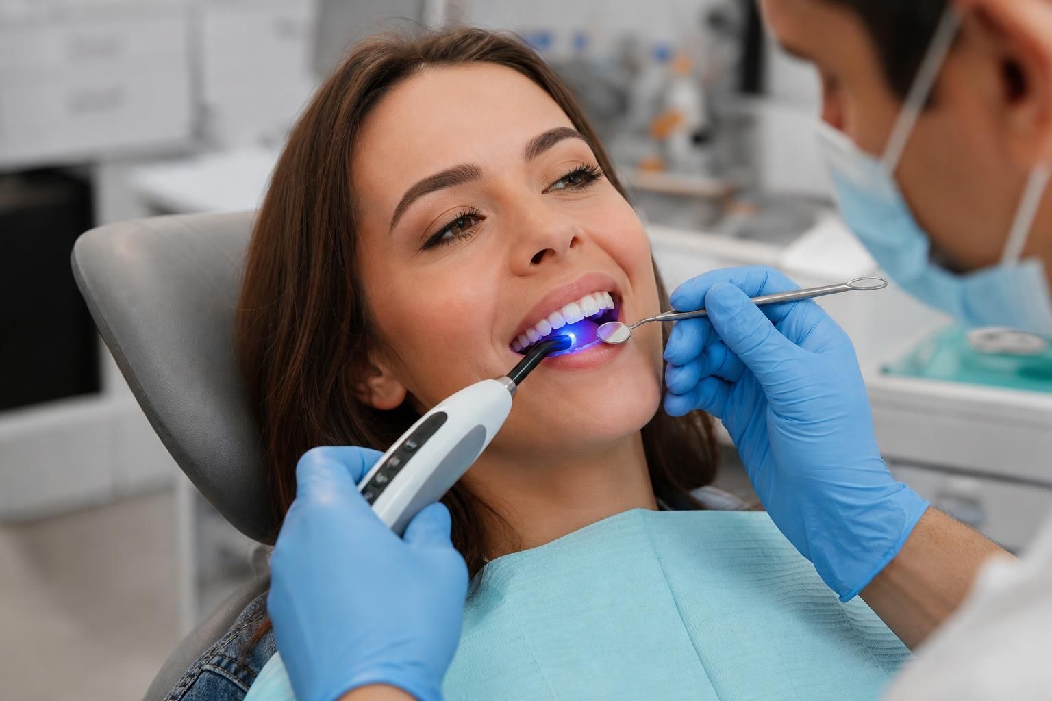 Dentist applies curing light to a patient&rsquo;s front teeth