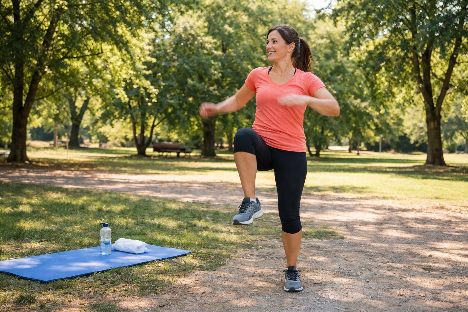Woman in coral shirt doing high knees in park