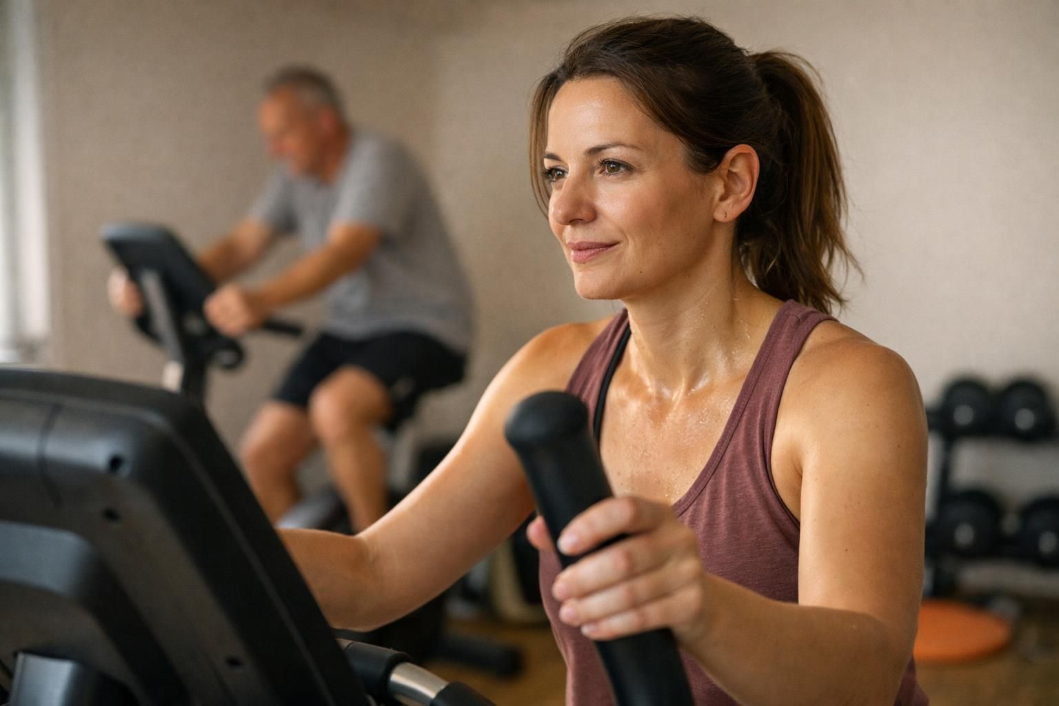 Woman using elliptical trainer in gym, man cycling behind