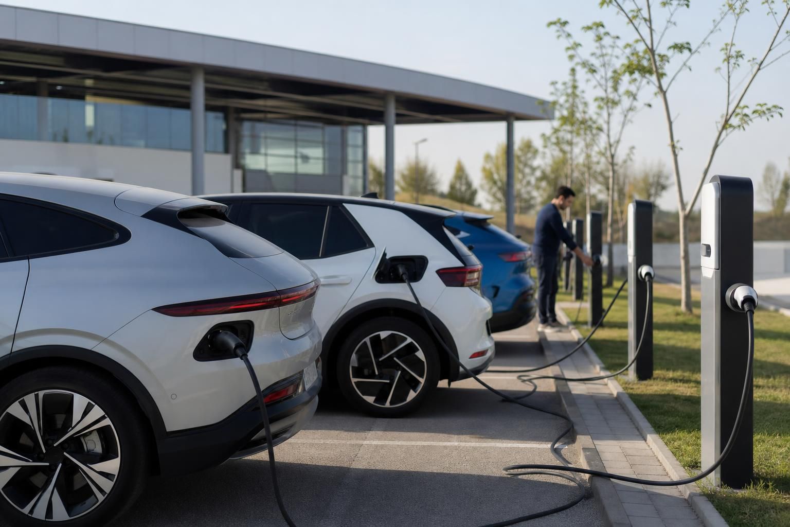 Tri električna automobila pune se na stanici, muškarac koristi kabl