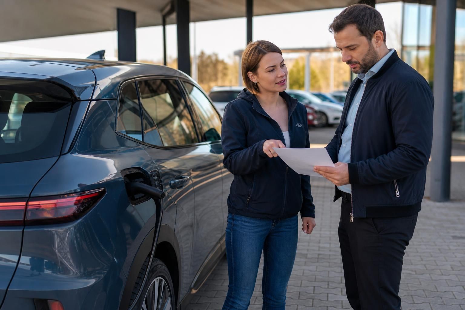 Dvoje ljudi pregledaju papir pored električnog automobila na punjaču