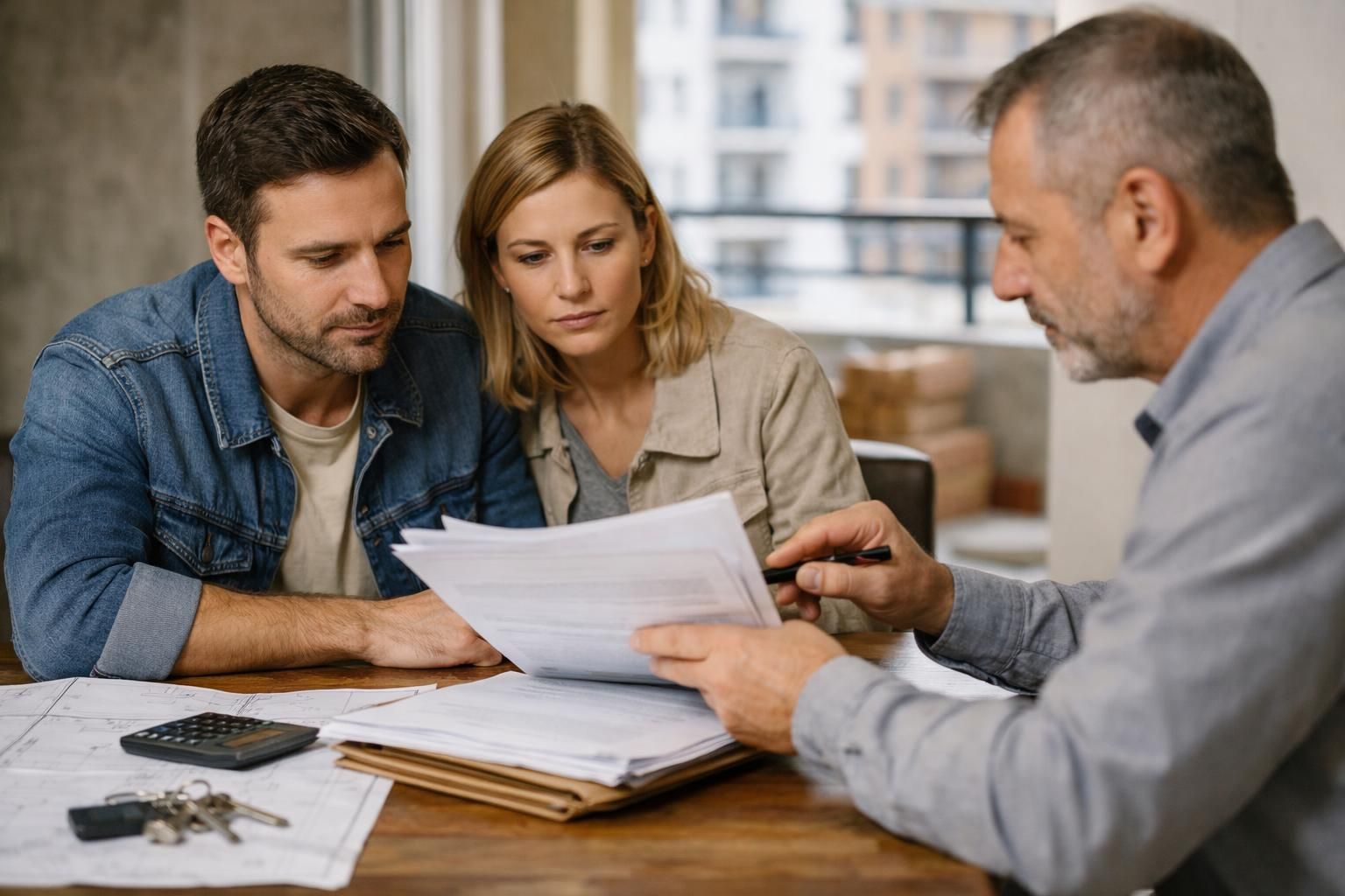 Couple reviews paperwork with advisor at wooden table