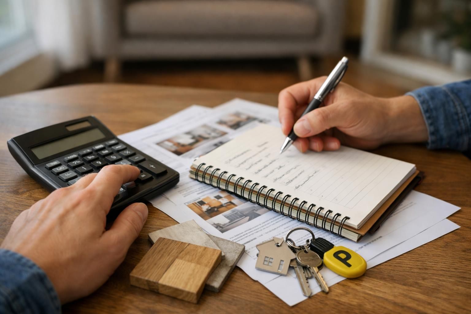 Hands using calculator and writing notes beside house keys