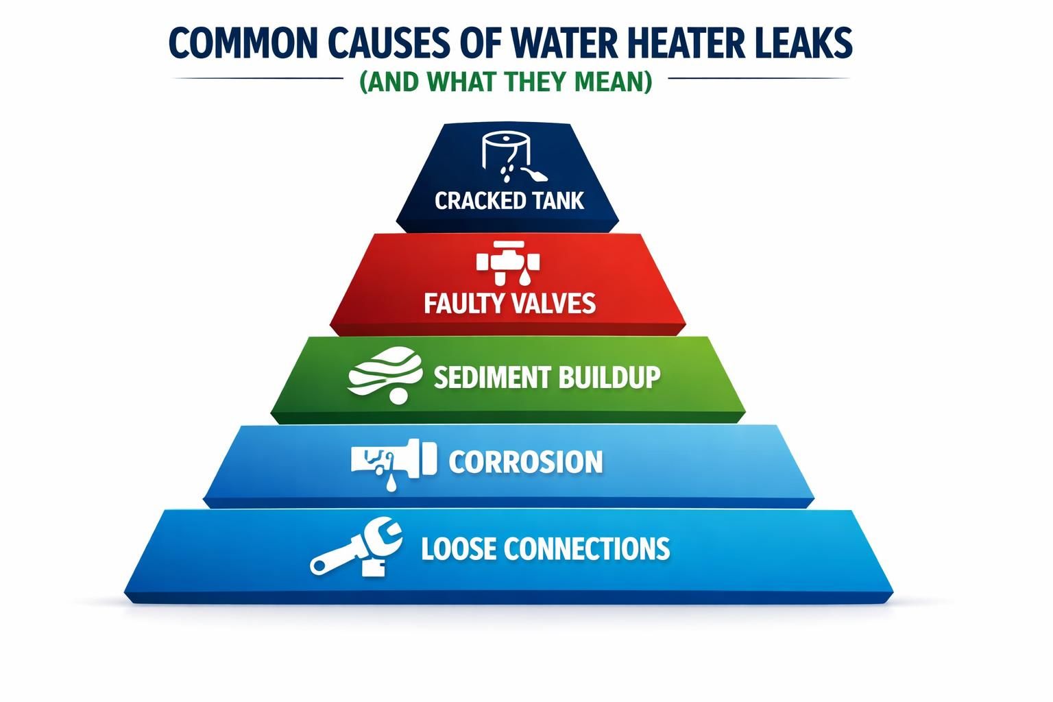 Pyramid infographic listing common water heater leak causes