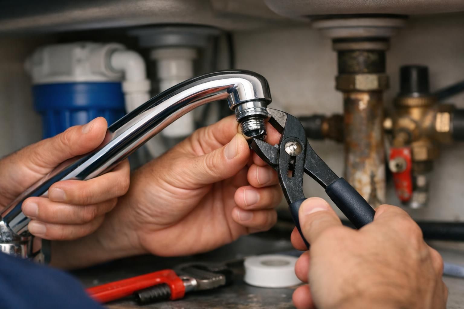 Hands tightening chrome faucet pipe with pliers under sink
