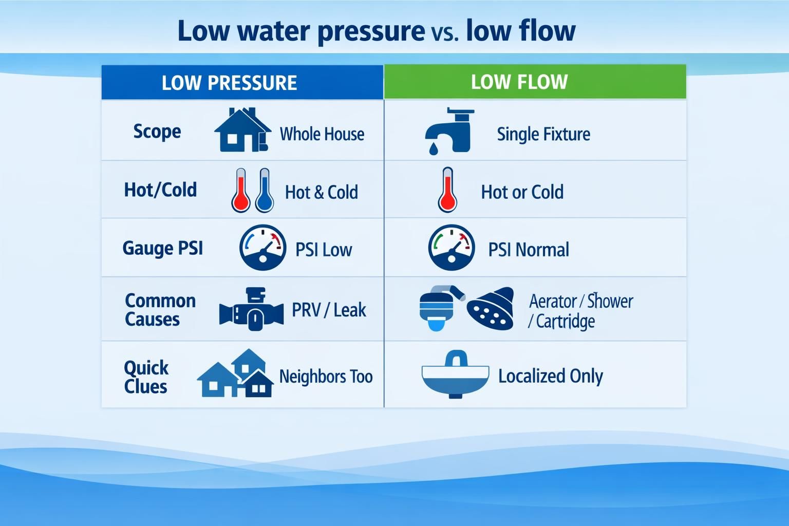 Chart comparing low water pressure versus low flow symptoms