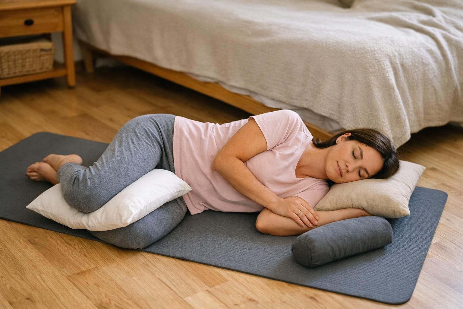 Woman lying on yoga mat with pillows, eyes closed