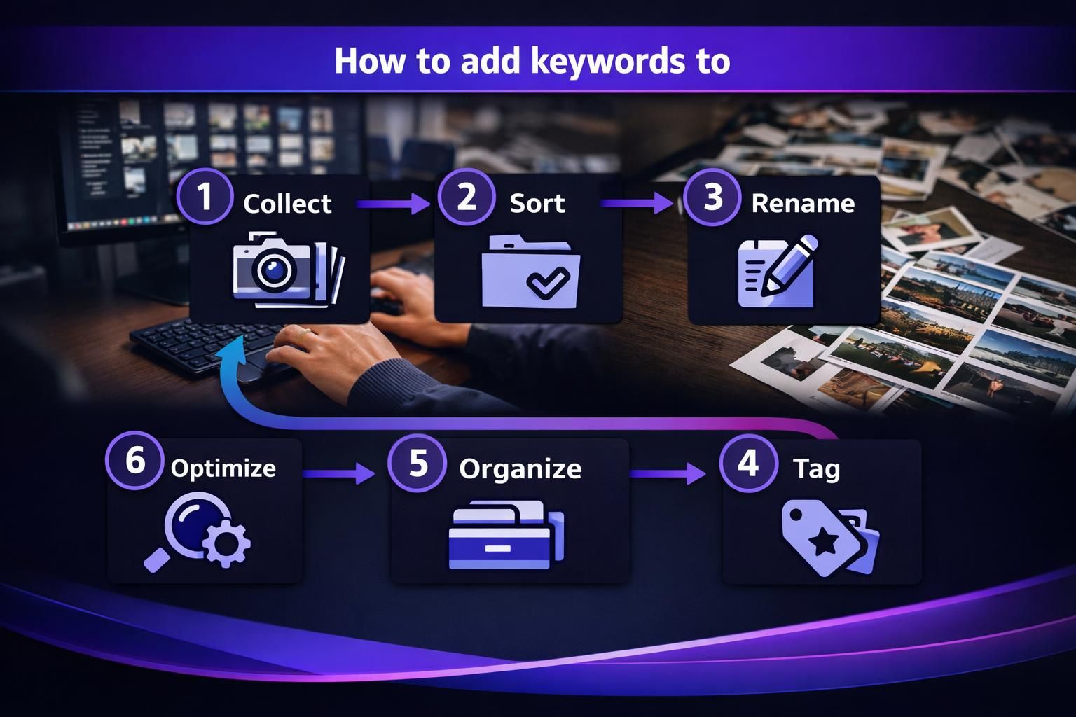 Infographic showing six steps to add photo keywords.