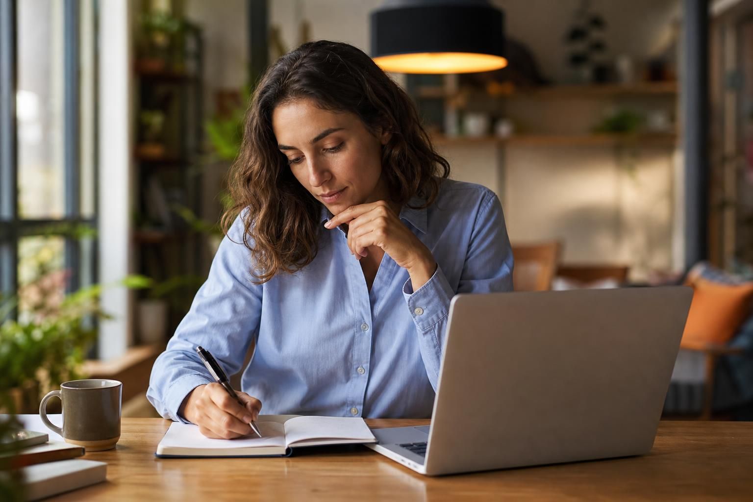 Woman writes in notebook beside laptop and coffee mug