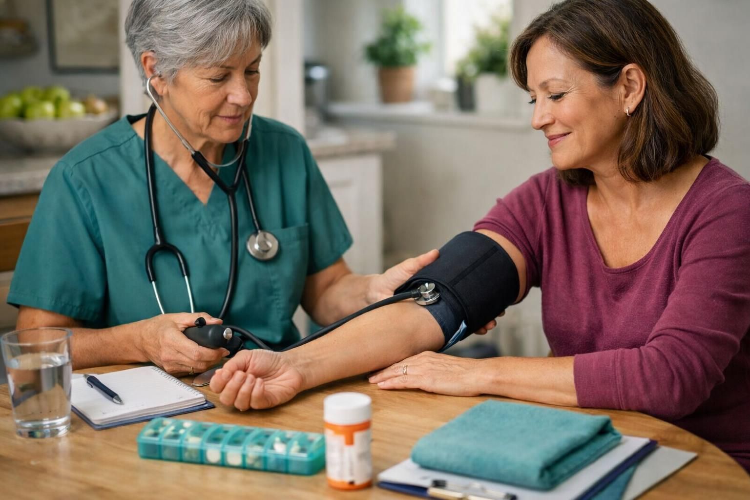 Nurse measures woman’s blood pressure with cuff at table