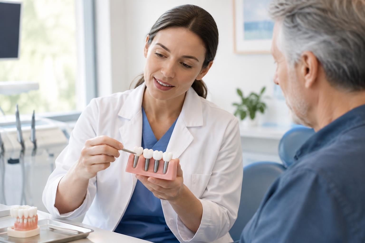 Dentist showing a dental implant model to a patient