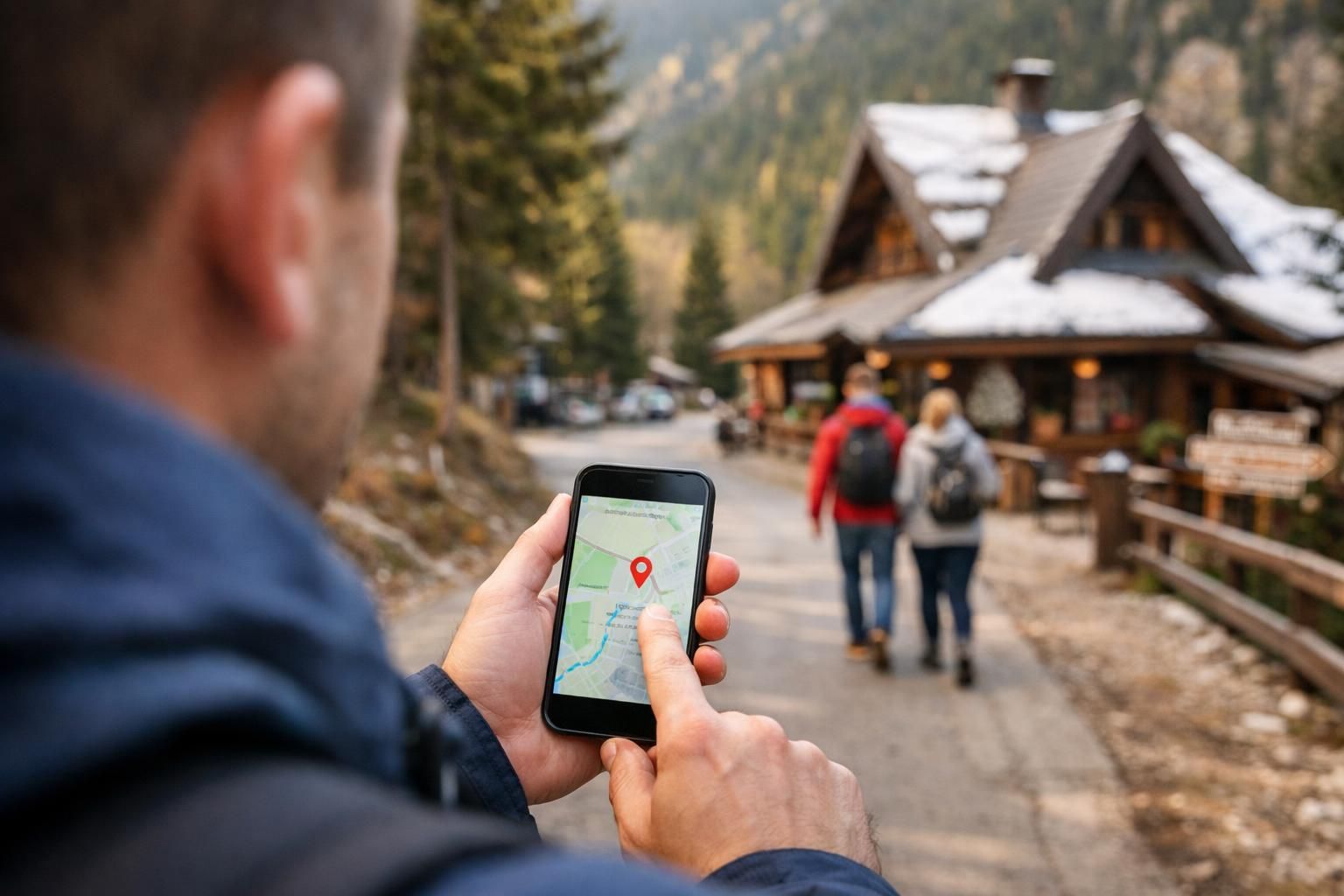 Man checks map on phone near mountain lodge