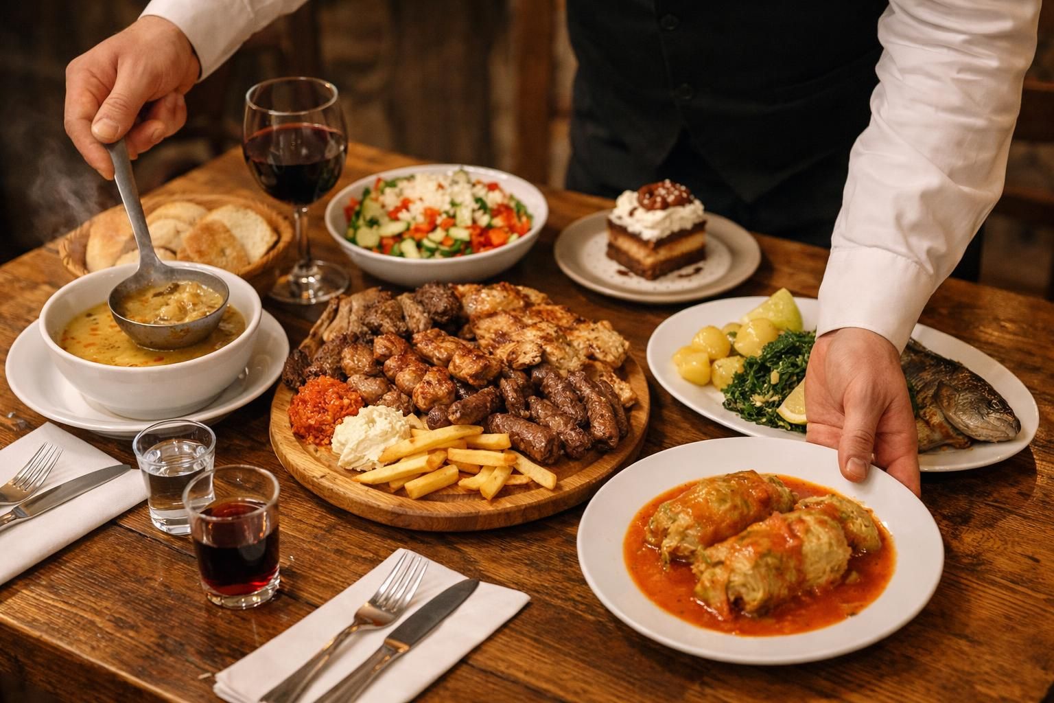 Server placing cabbage rolls beside grilled meats and soup