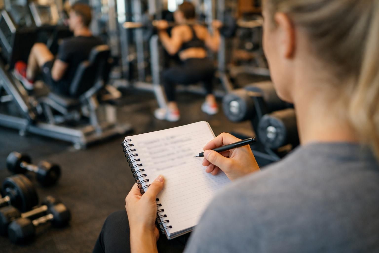 Woman writing in notebook while watching people exercise in gym