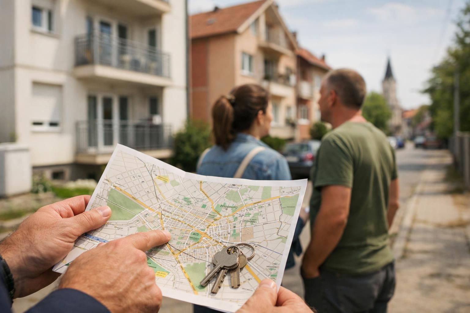 Hands holding city map with keys, couple on street